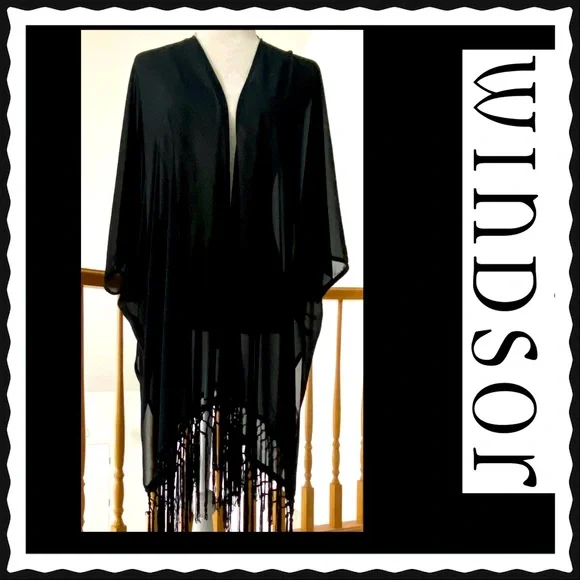 “Windsor” Black Sheer-Mesh Knotted-Fringe-Hem Kimono - Picture 1 of 4